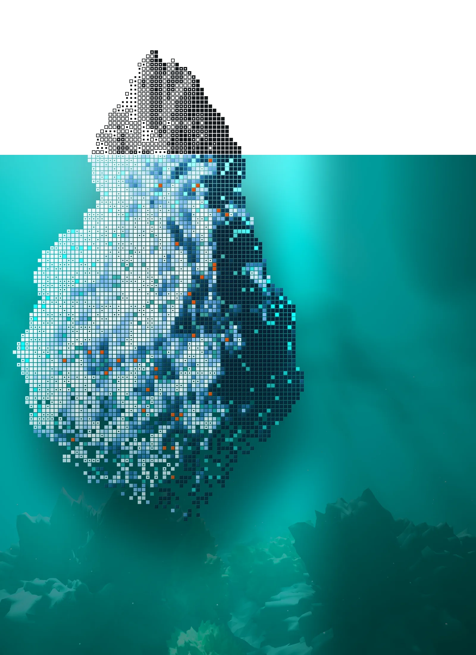 An iceberg drawn in pixel squares: a small tip above the waterline and a far larger mass in the deep sea below